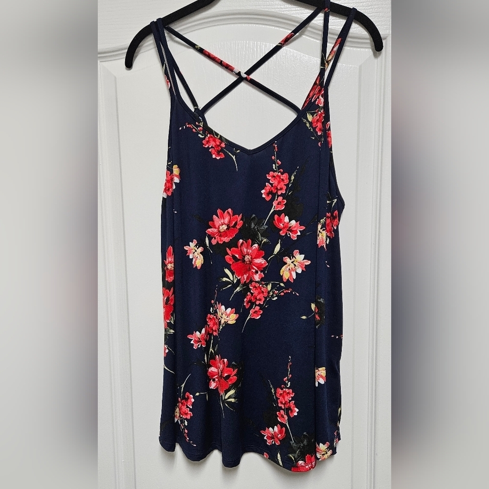 NWT Floral Boho Tank Top 2X Navy Strappy Cami Flowy Criss Cross Back.